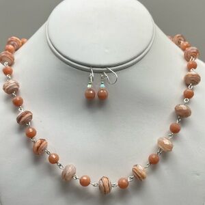 Elegant Sterling Silver Handmade Peach Beaded Necklace and Earring Set